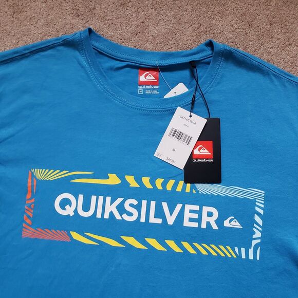 NWT Quicksilver Spellout Classic Wave Logo Size Medium Mens Blue T-Shirt - Picture 2 of 5